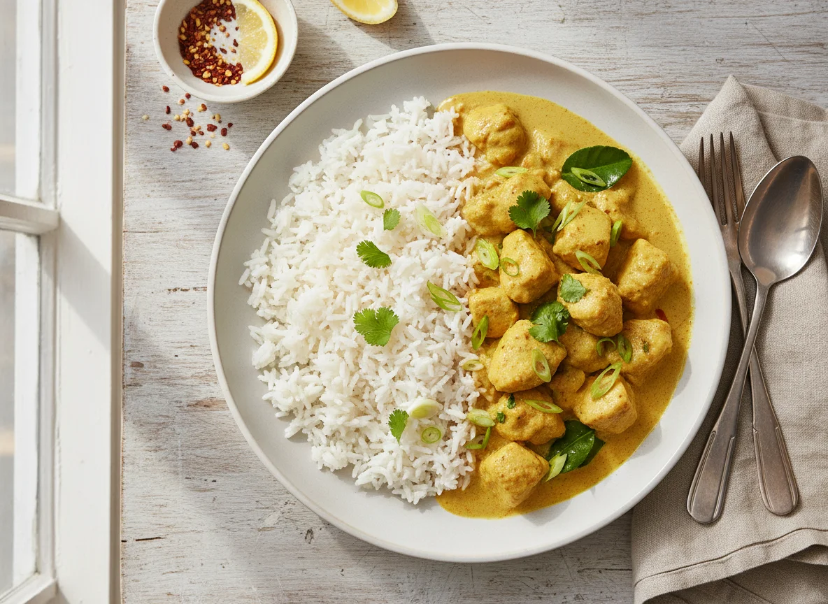 Curry mit Reis und Huhn photo