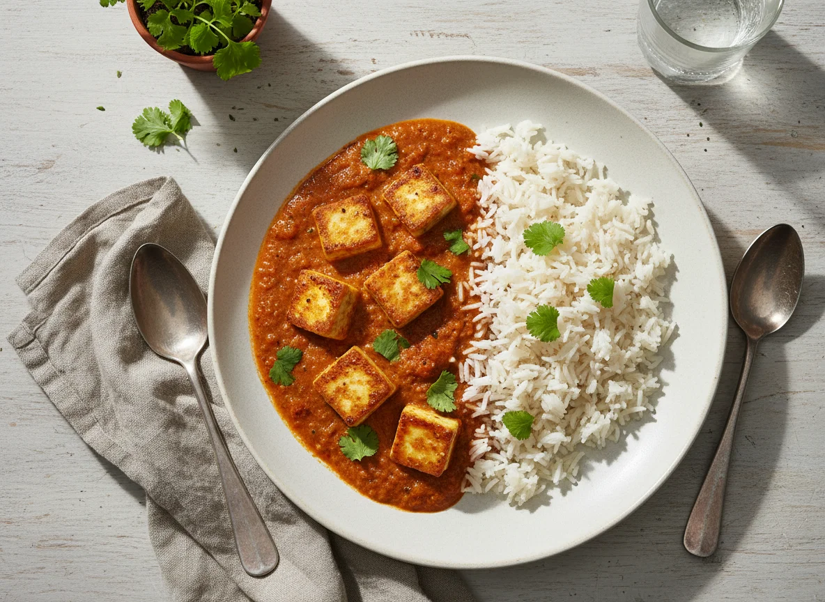 Curry mit Reis und Paneer photo
