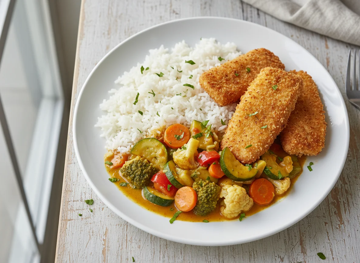 Curry mit Reis und paniertem Fisch photo