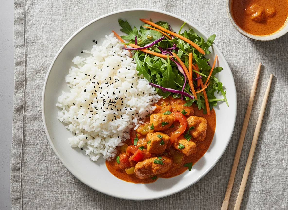 Curry mit Reis und Salat photo