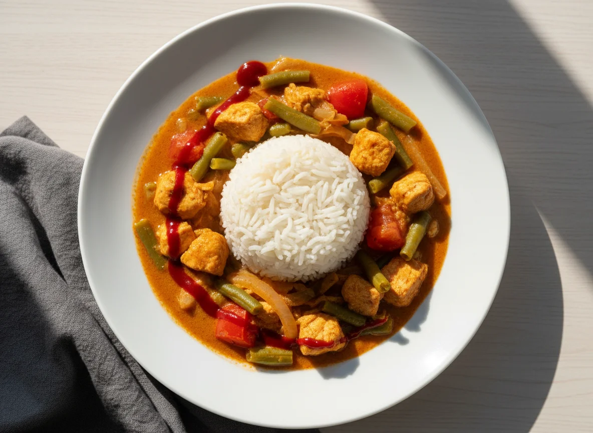 Curry mit Reis und Sriracha photo