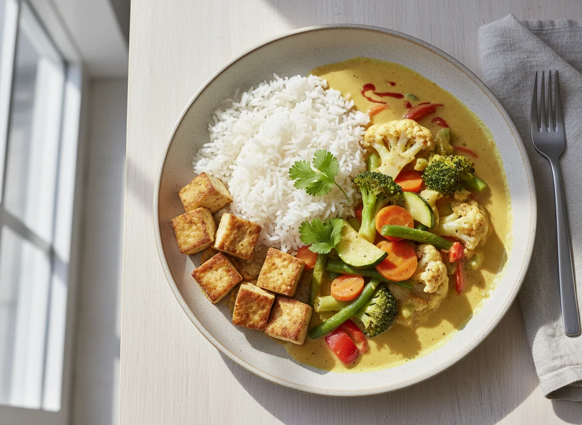 Curry mit Reis und Tofu photo
