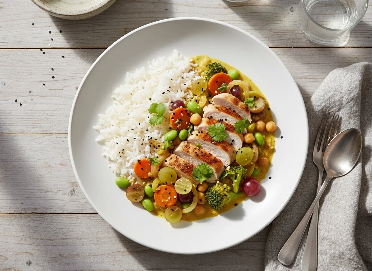 Curry mit Reis und Trauben photo