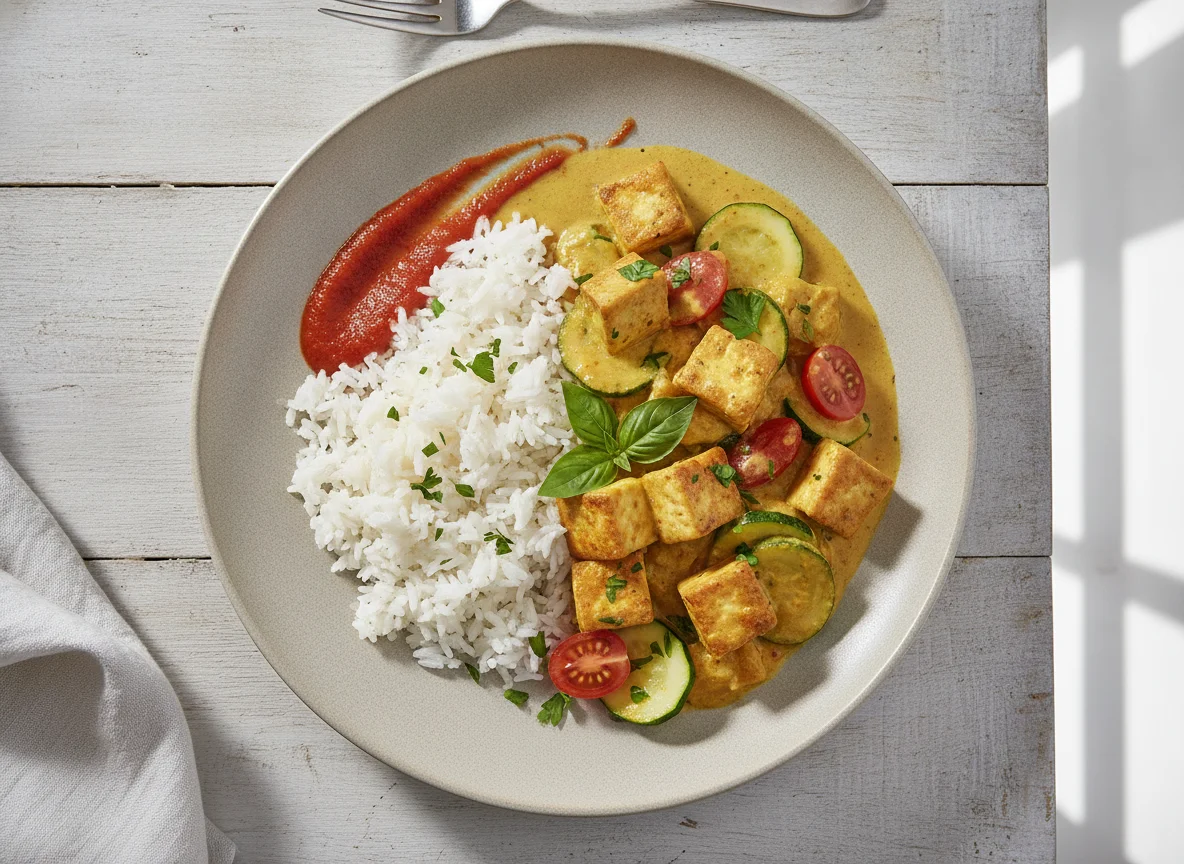 Curry mit Tofu, Reis und Gemüse photo