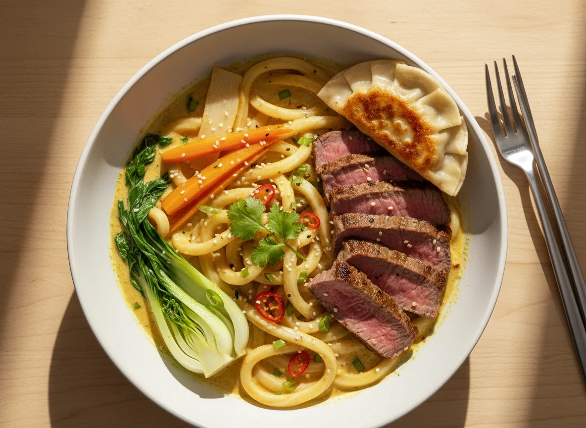 Curry mit Udon-Nudeln und Rindfleisch photo
