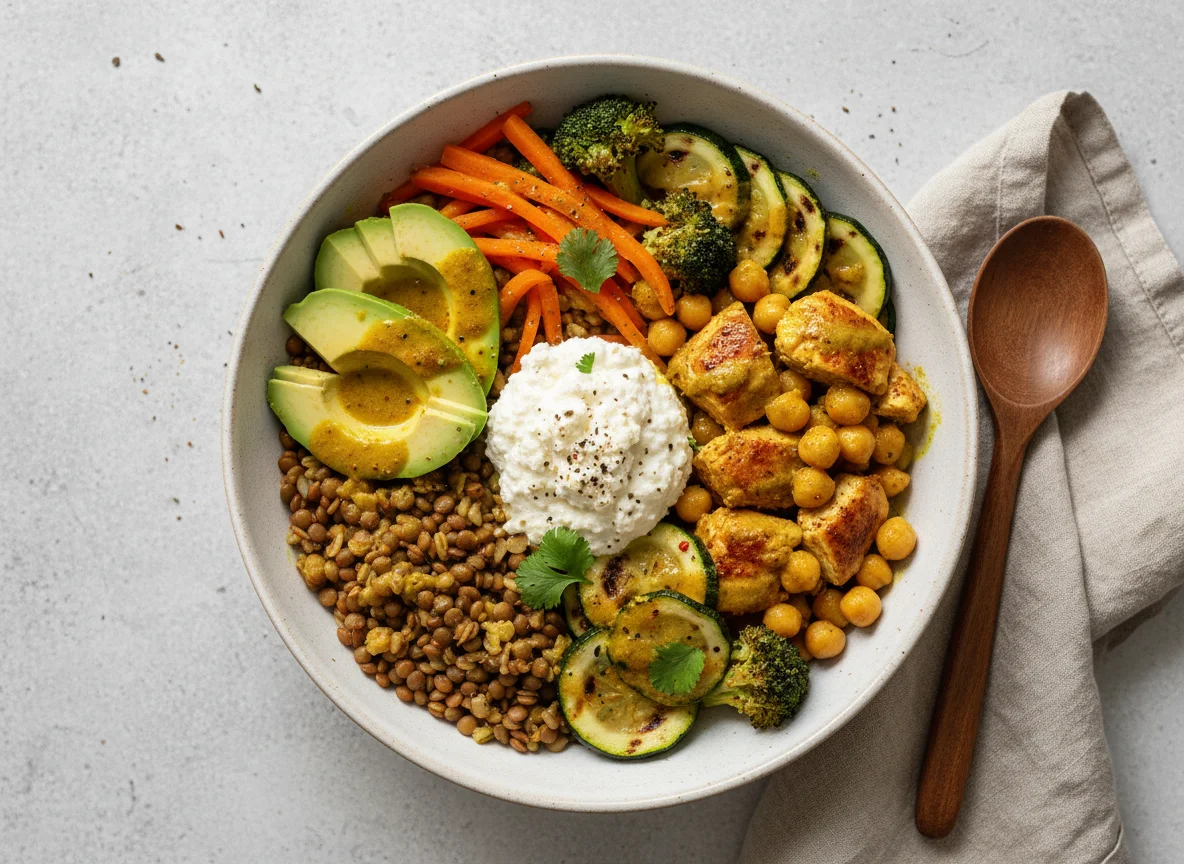 Curry-Gemüse-Bowl mit Linsen, Graupen und Hüttenkäse photo