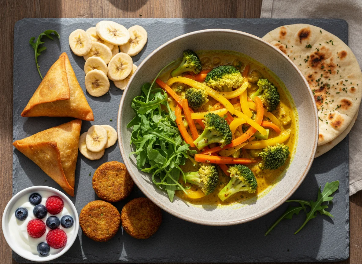 Curry-Gemüse-Bowl mit Samosas und Fladenbrot photo
