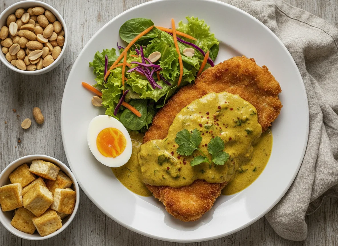 Curry-Hähnchenschnitzel mit Beilagen photo