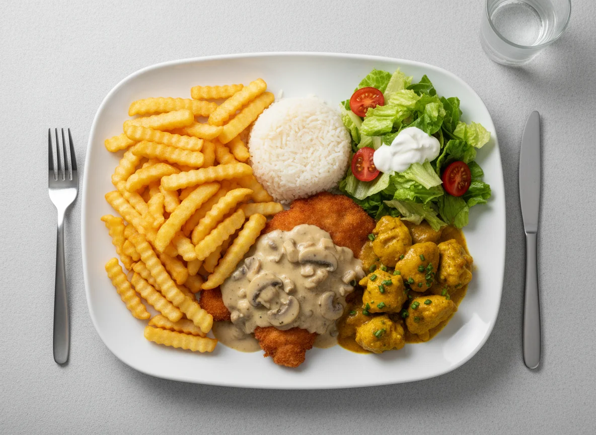 Curryhuhn mit Reis, Pommes Frites, Schnitzel und Salat photo