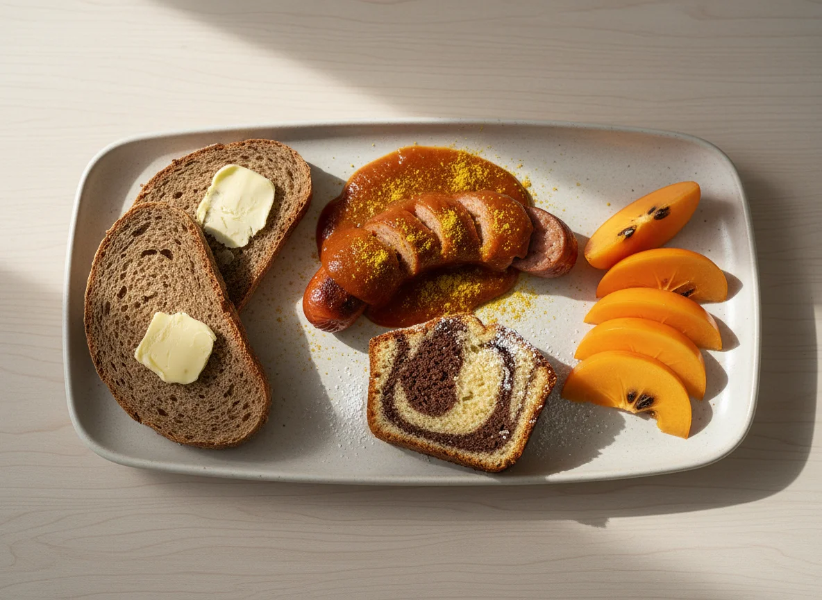 Currywurst mit Brot, Kaki und Gebäck photo