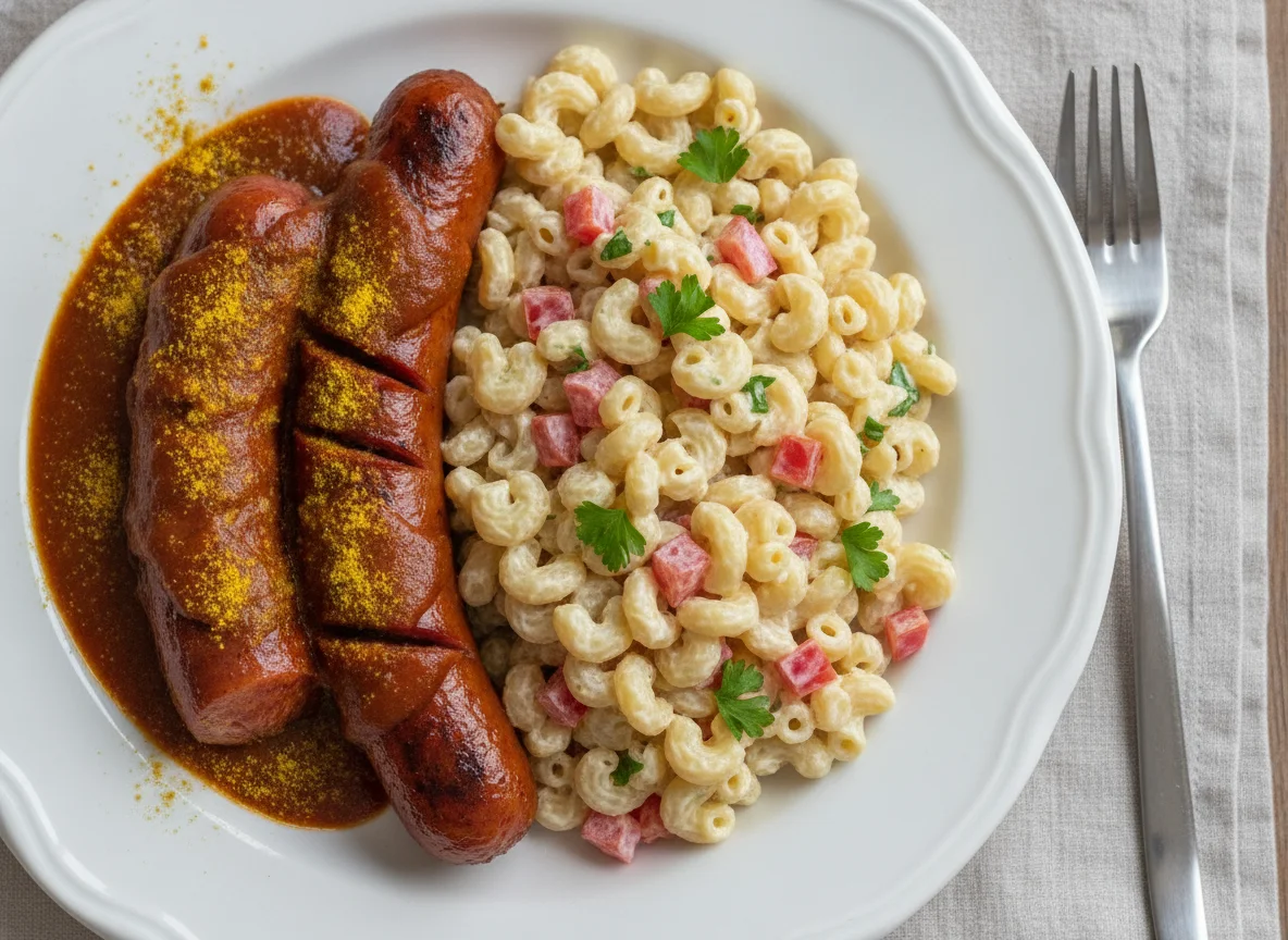 Currywurst mit Nudelsalat photo