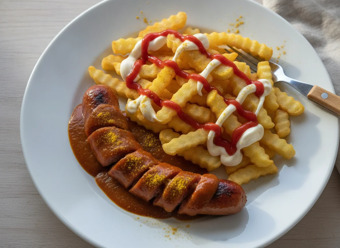 Currywurst mit Pommes rot-weiß photo