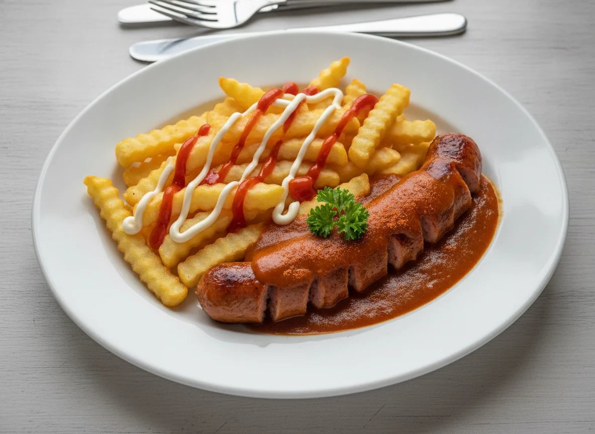 Currywurst mit Pommes Schranke photo