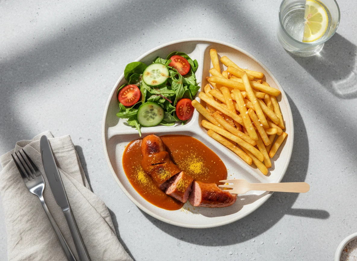 Currywurst mit Pommes und Beilagensalat photo