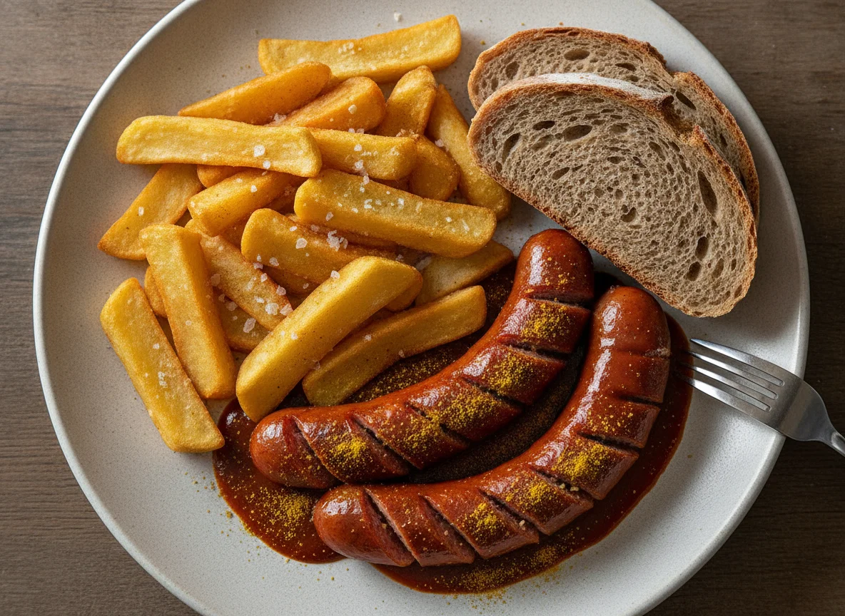 Currywurst mit Pommes und Brot photo