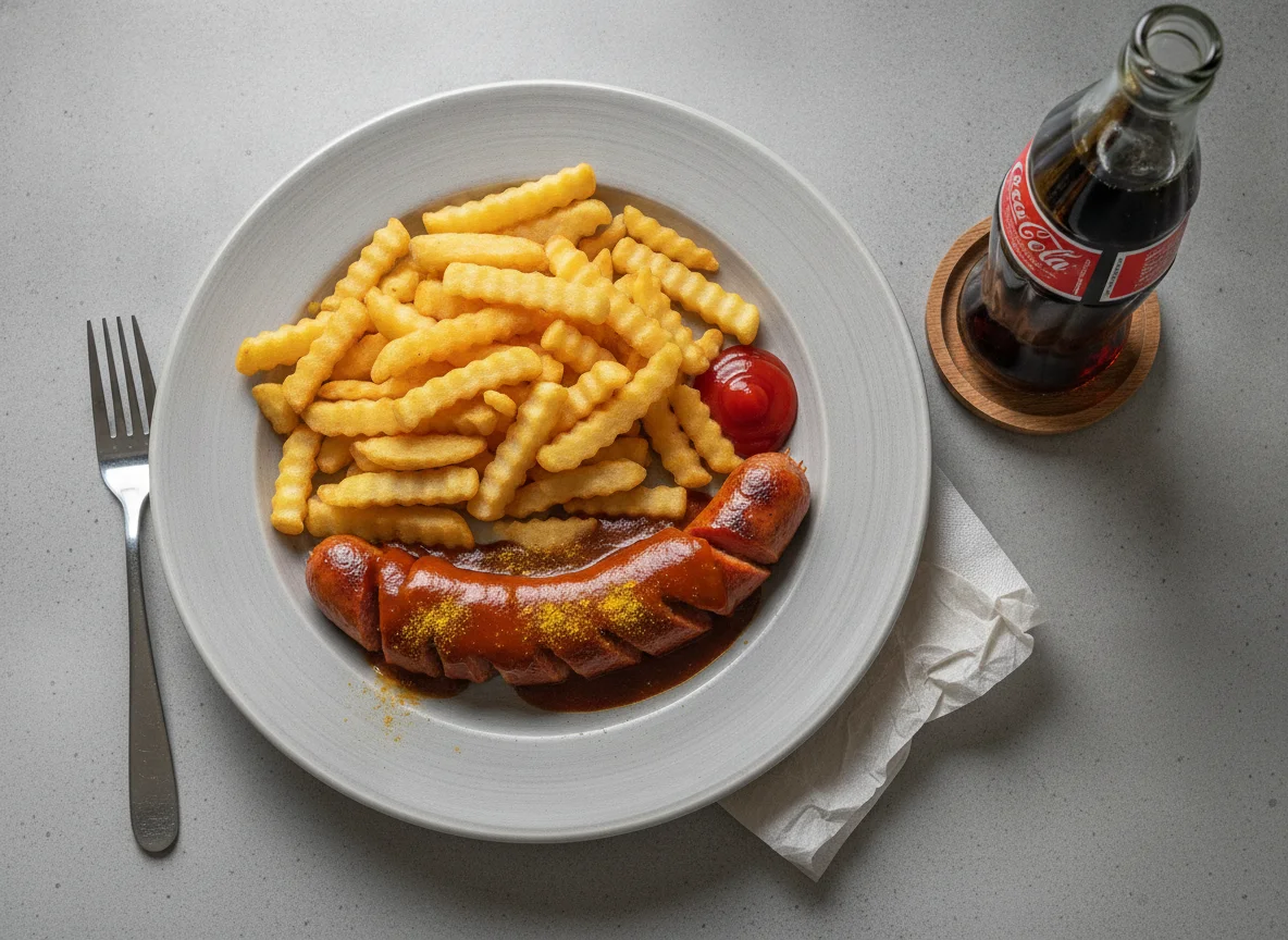 Currywurst mit Pommes und Cola photo