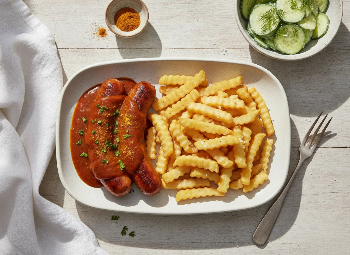 Currywurst mit Pommes und Gurkensalat photo