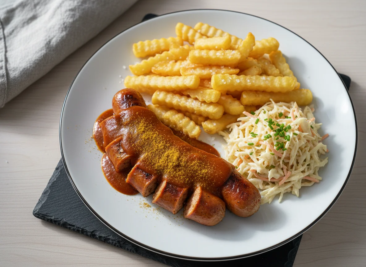 Currywurst mit Pommes und Krautsalat photo