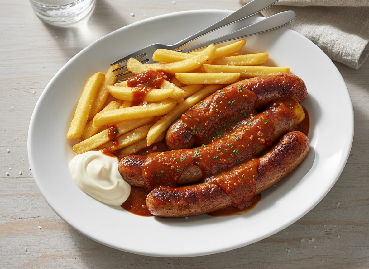 Currywurst mit Pommes und Mayonnaise photo
