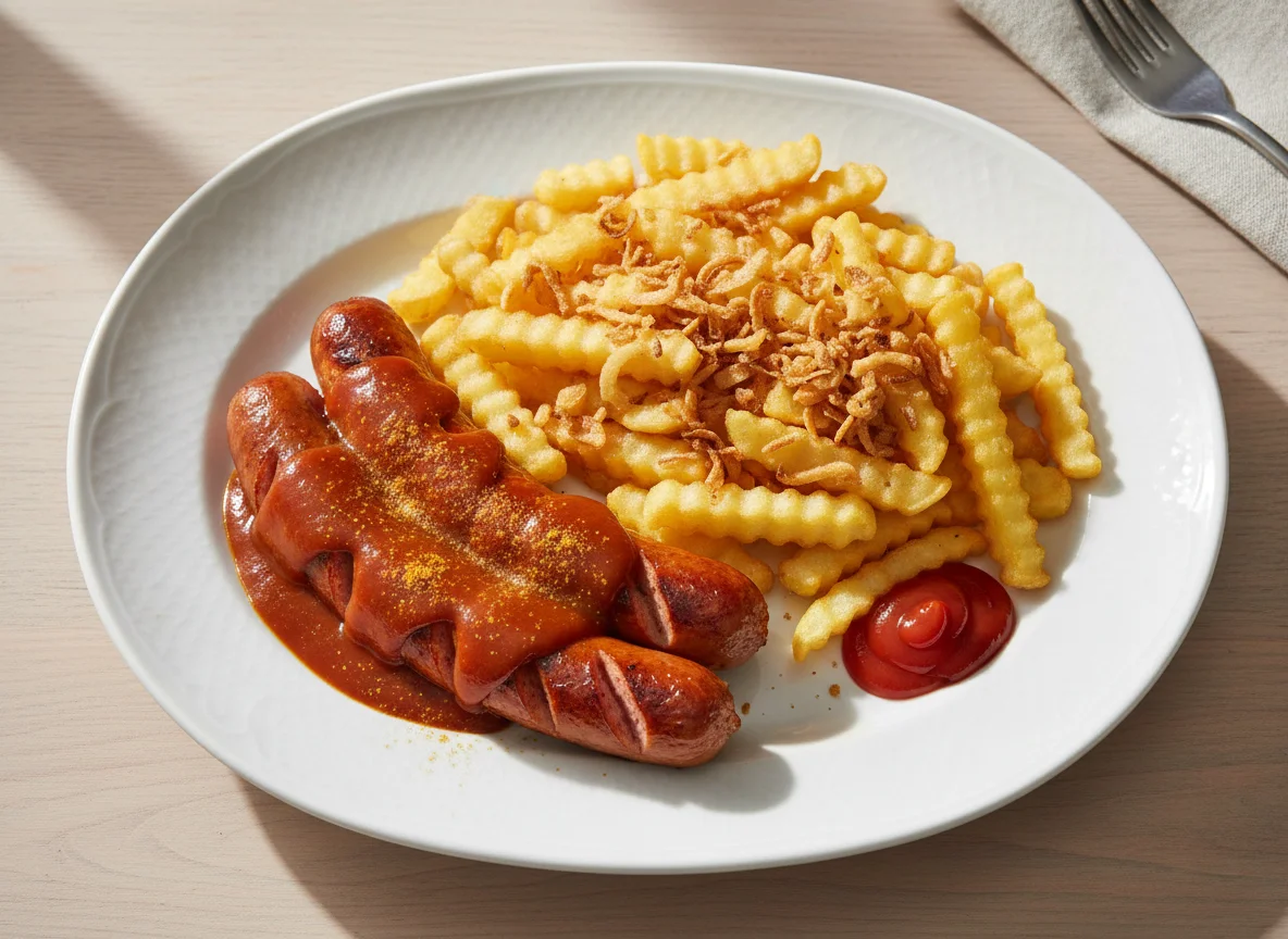 Currywurst mit Pommes und Röstzwiebeln photo
