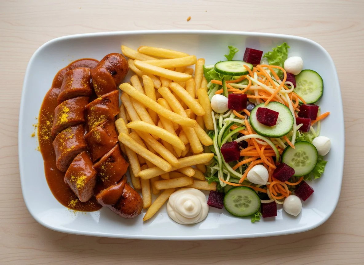 Currywurst mit Pommes und Salat photo