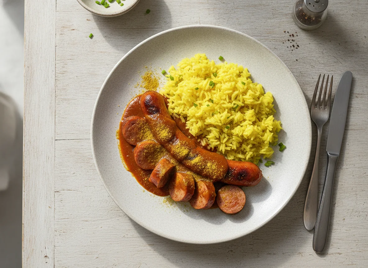 Currywurst mit Reis photo