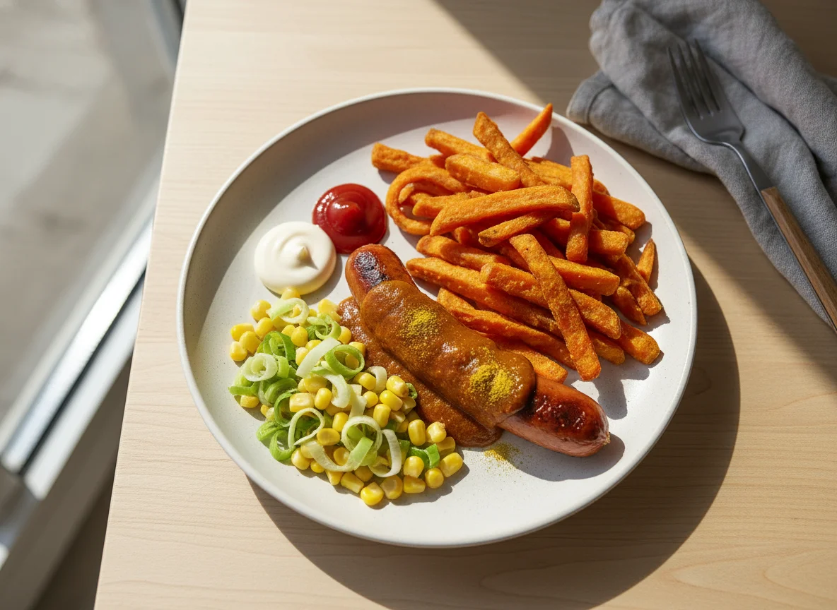 Currywurst mit Süßkartoffelpommes und Gemüse photo