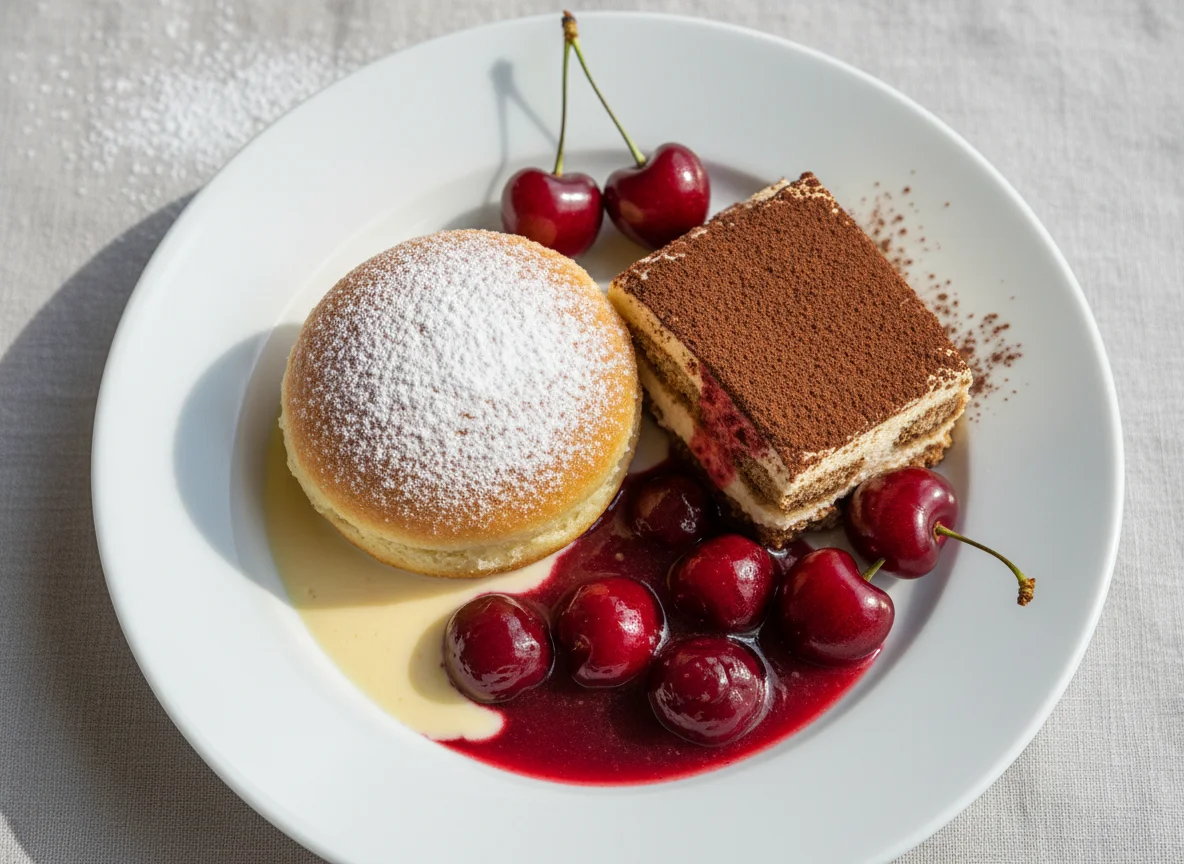 Dampfnudel mit Tiramisu und Kirschsauce photo