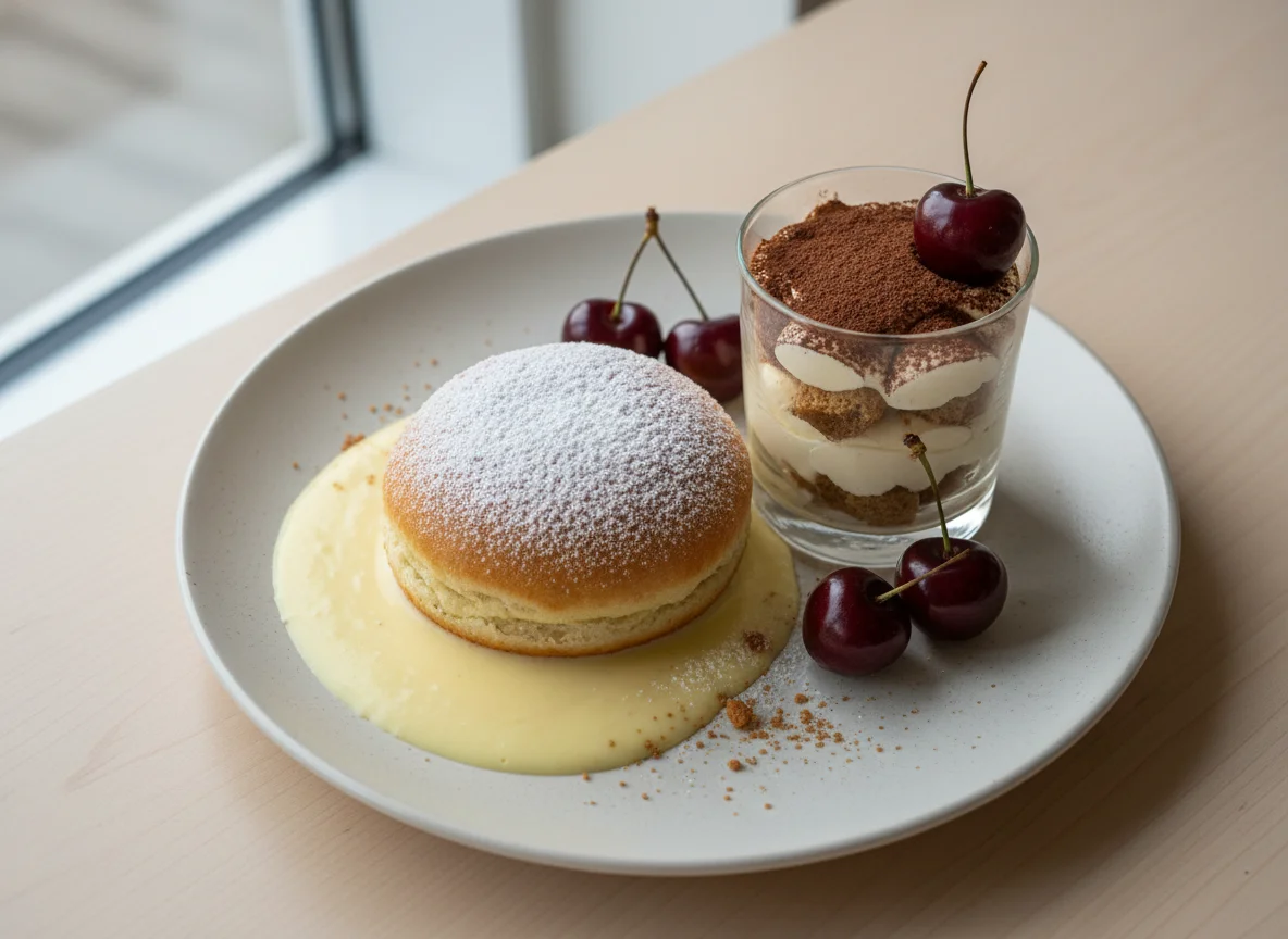 Dampfnudel mit Tiramisu und Vanillesauce photo