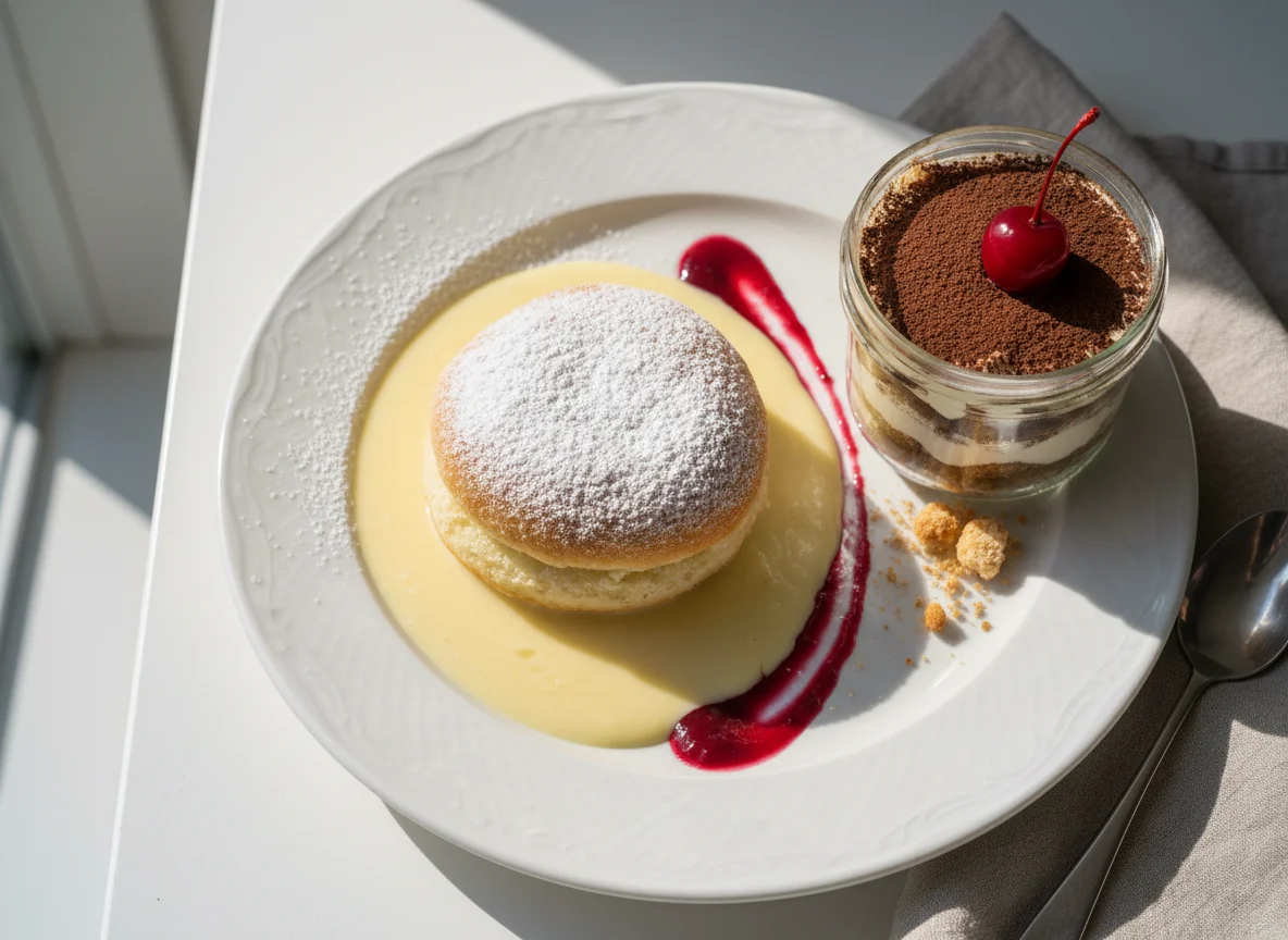 Dampfnudel mit Vanillesauce und Tiramisu im Glas photo