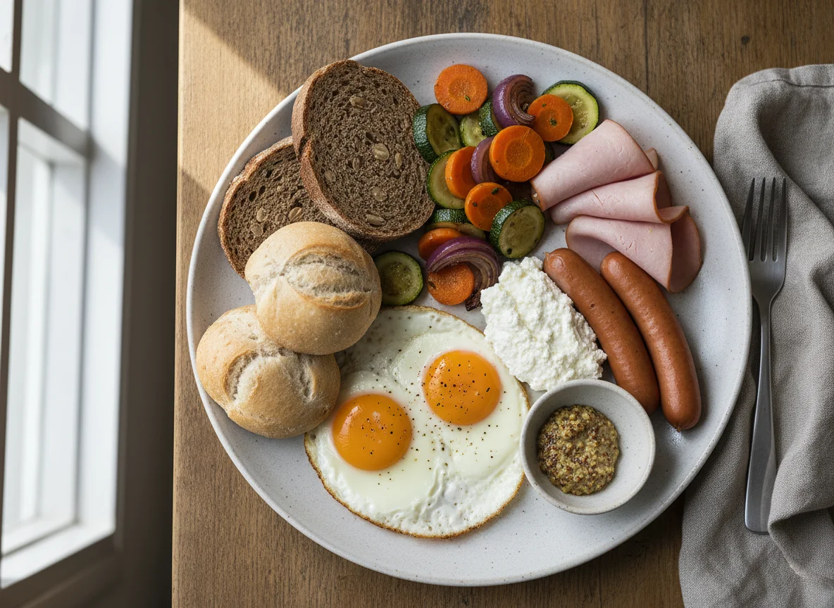 Deftiges Frühstück mit Eiern, Wurst und Gemüse photo
