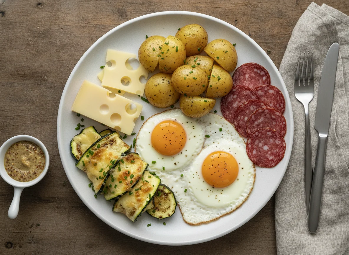 Deftiges Frühstück mit Spiegelei, Kartoffeln, Wurst, Käse und Zucchini photo