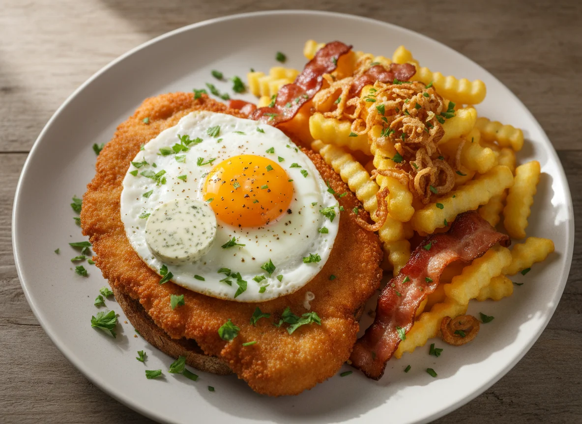 Deftiges Gericht mit Pommes, Speck, Spiegelei und Fleisch photo