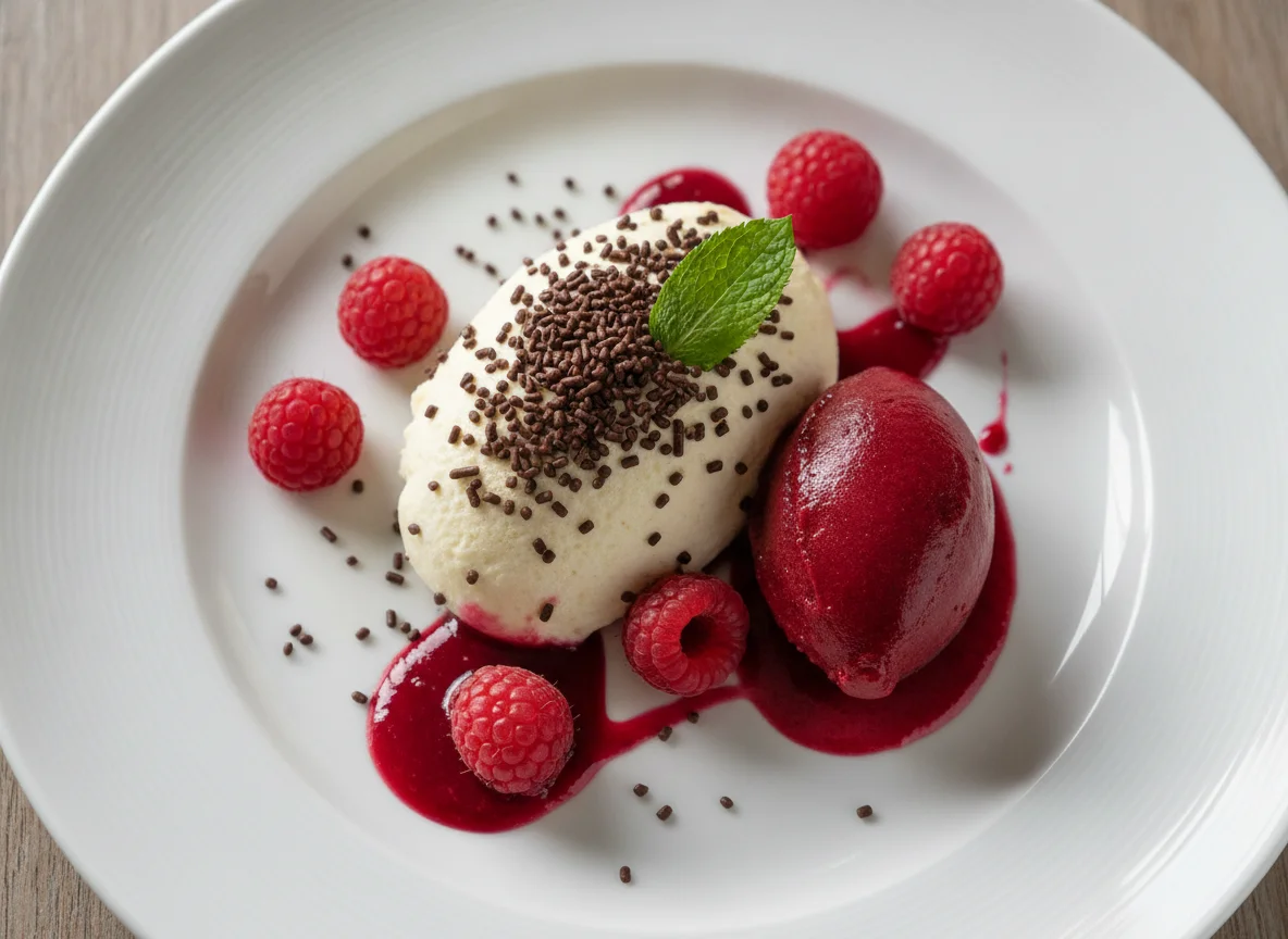 Dessert mit Himbeeren und Eis photo