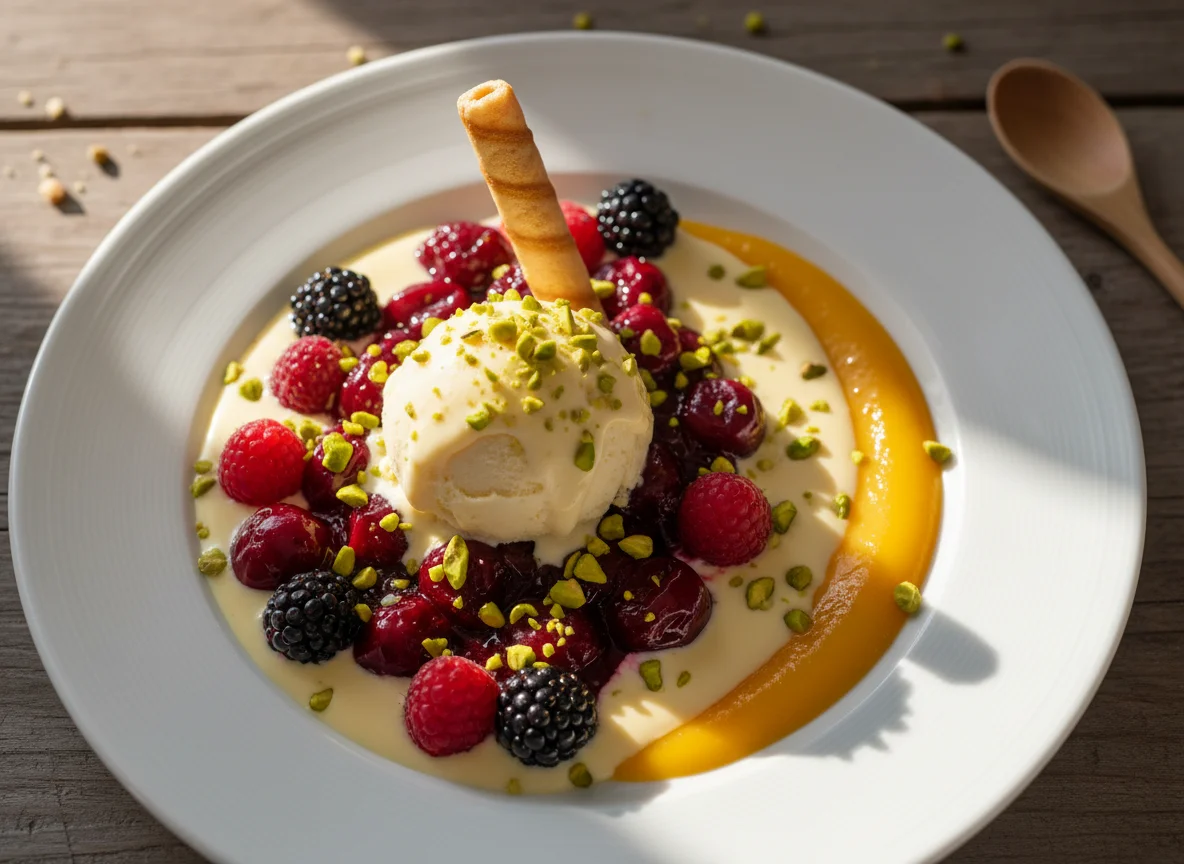 Dessert mit Kirschen, Eis und Beeren photo
