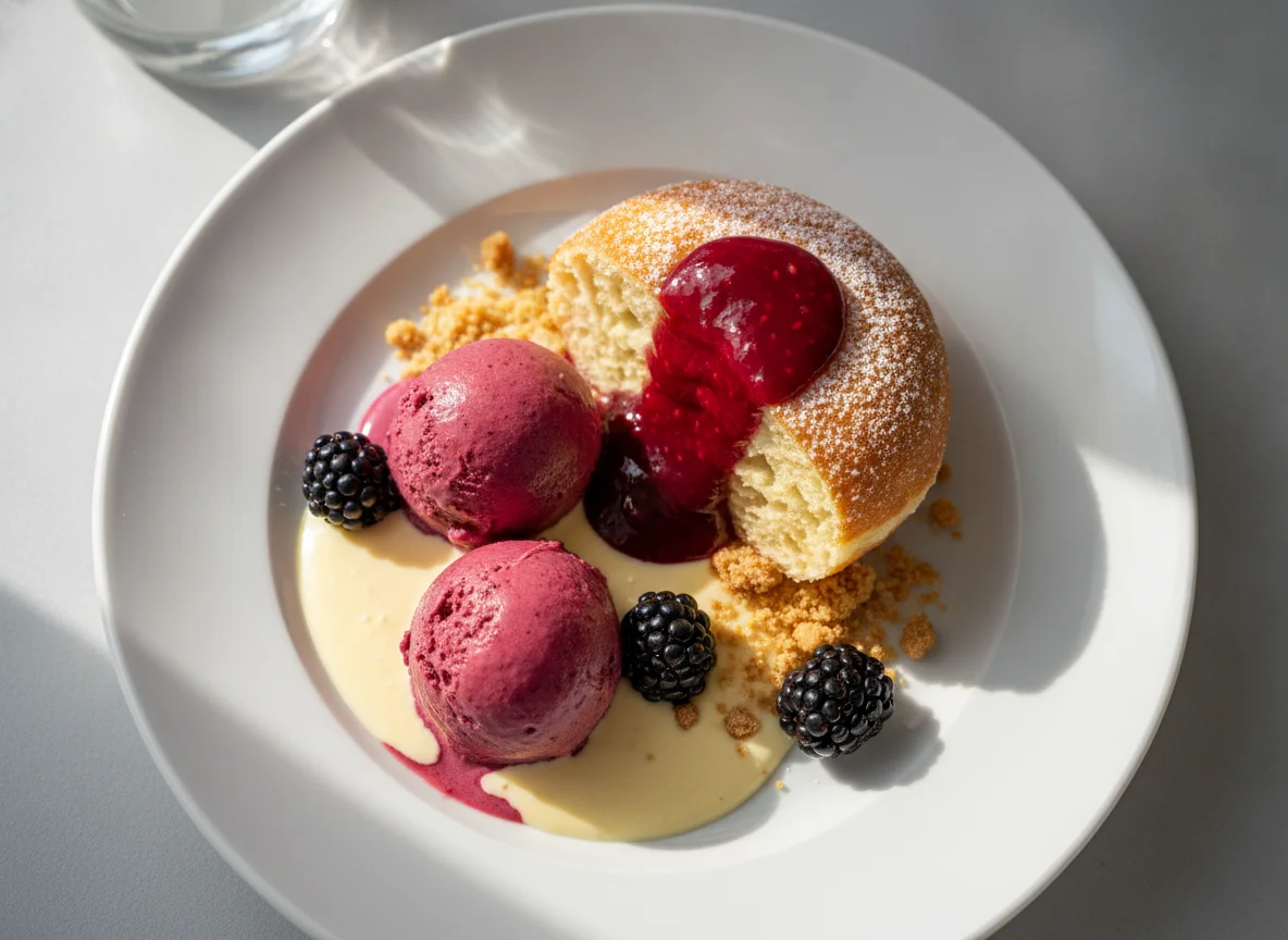 Dessert mit Krapfen und Eis photo
