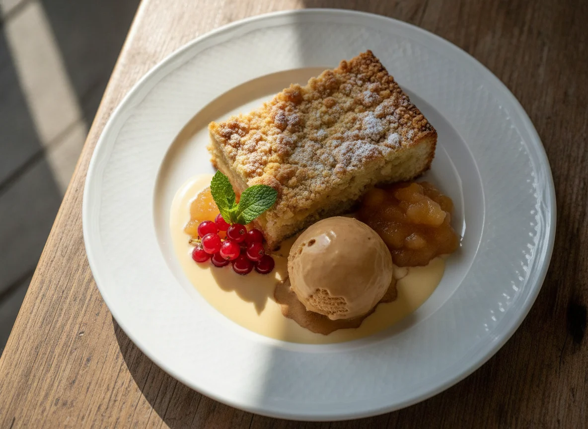 Dessert mit Kuchen, Eis und Soßen photo