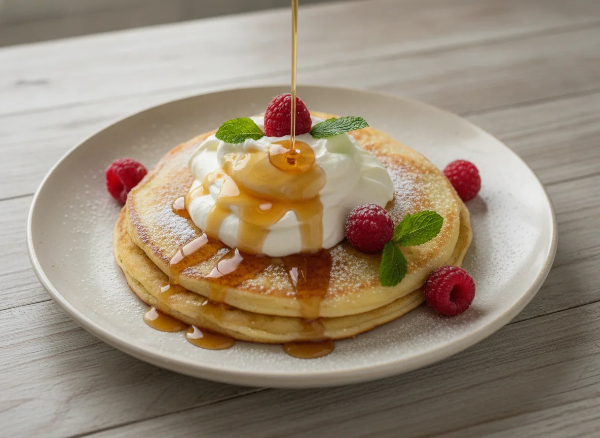 Dessert mit Pfannkuchen und Sahne photo