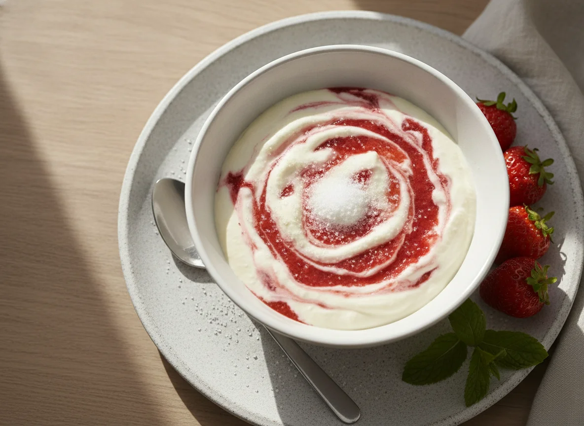 Dessert mit Speisequark und Erdbeeren photo