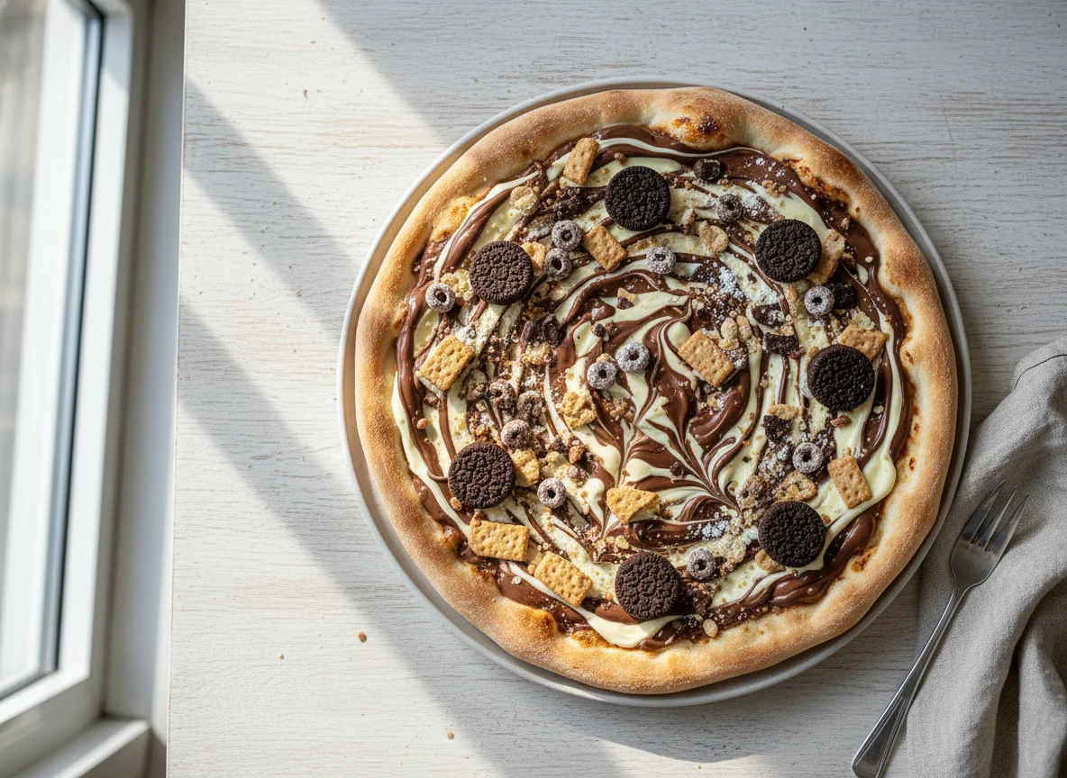 Dessertpizza mit Schokolade und Keksen photo