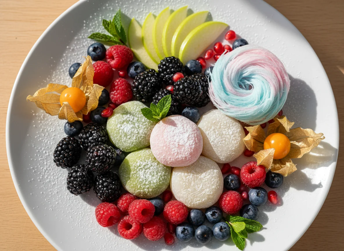 Dessertplatte mit Mochi und Früchten photo
