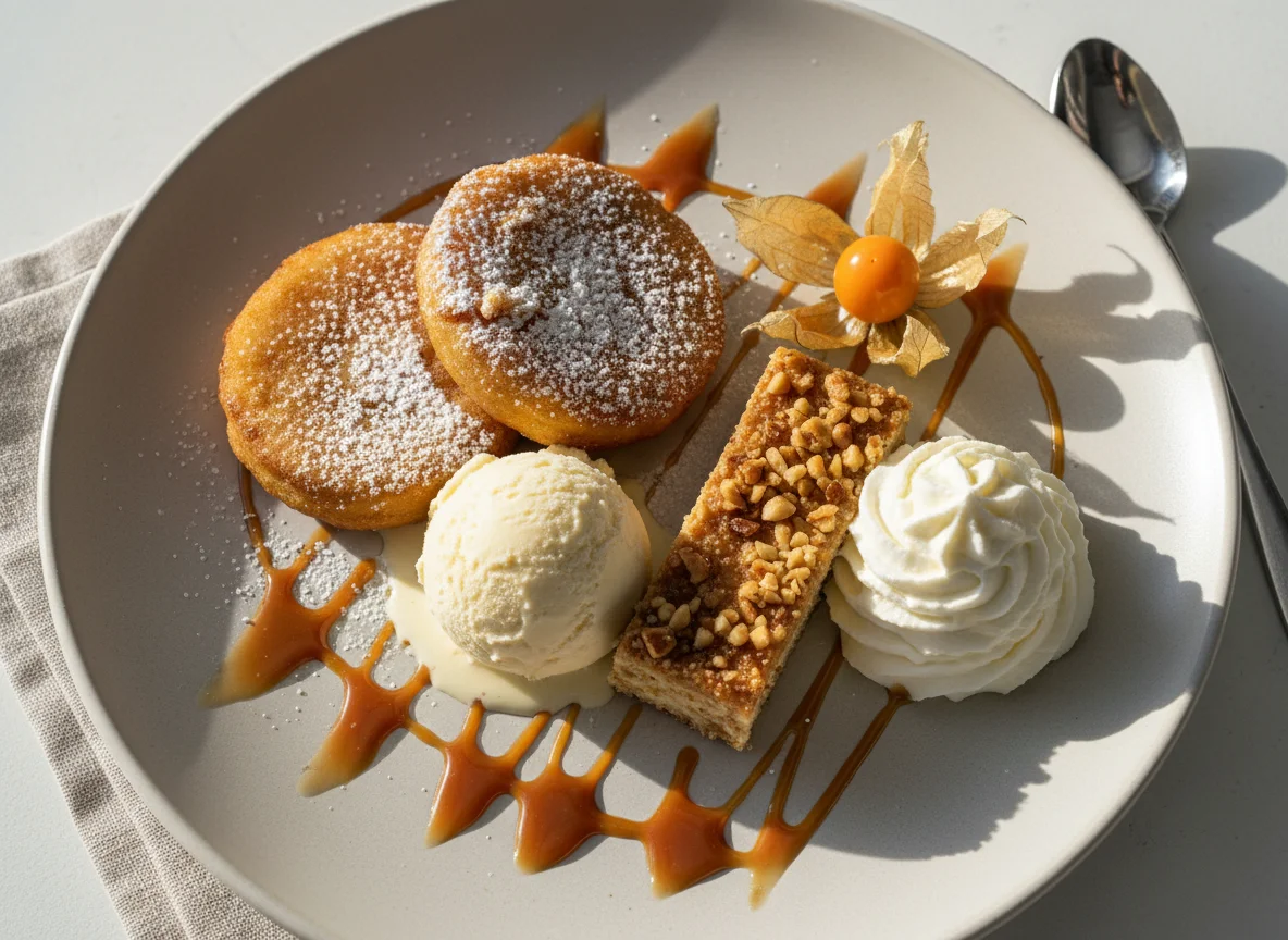 Dessertteller mit Apfelküchle, Eis und Parfait photo