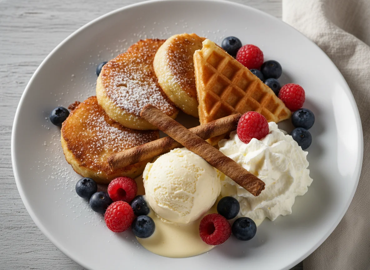 Dessertteller mit Eis, Gebäck und Beeren photo