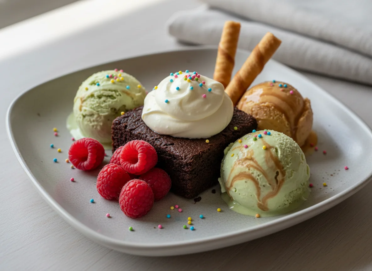 Dessertteller mit Eis und Brownie photo