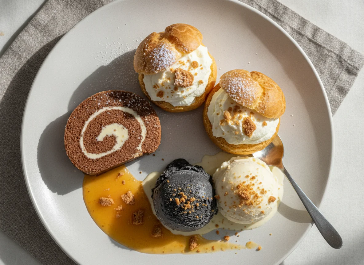 Dessertteller mit Gebäck und Eis photo