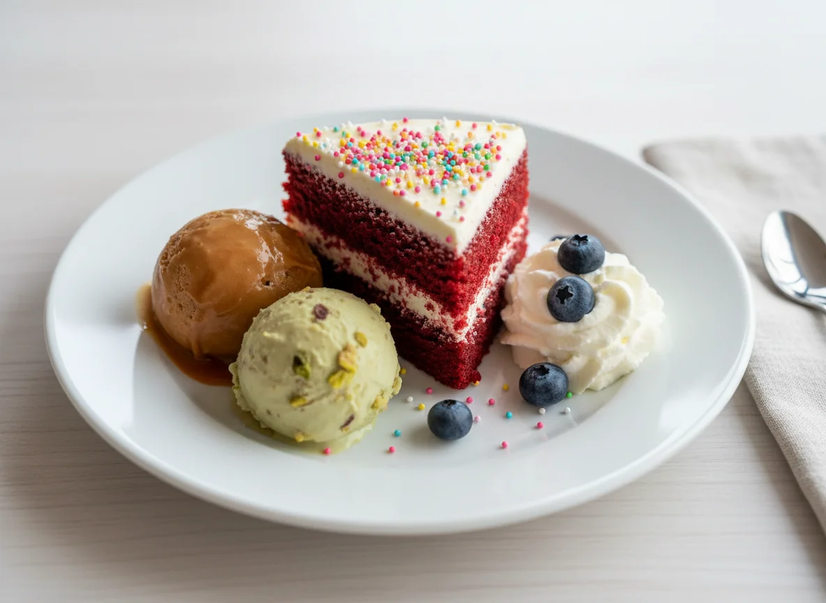 Dessertteller mit Kuchen und Eis photo