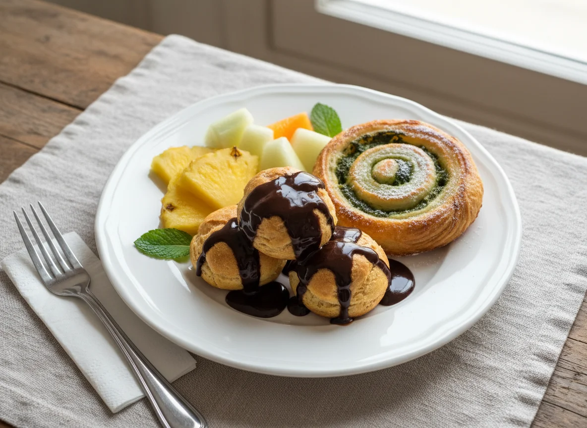 Dessertteller mit Obst und Gebäck photo