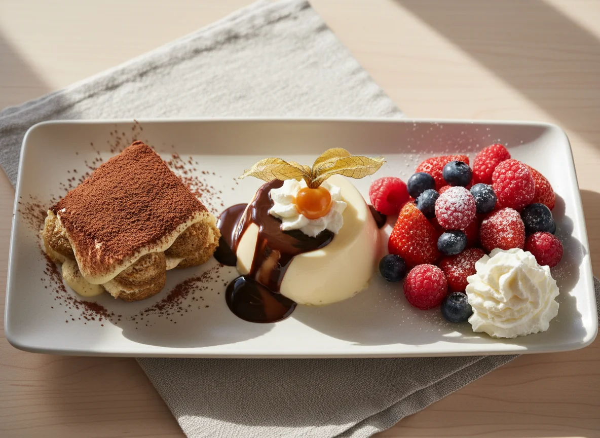 Dessertteller mit Tiramisu, Panna Cotta und Beeren photo