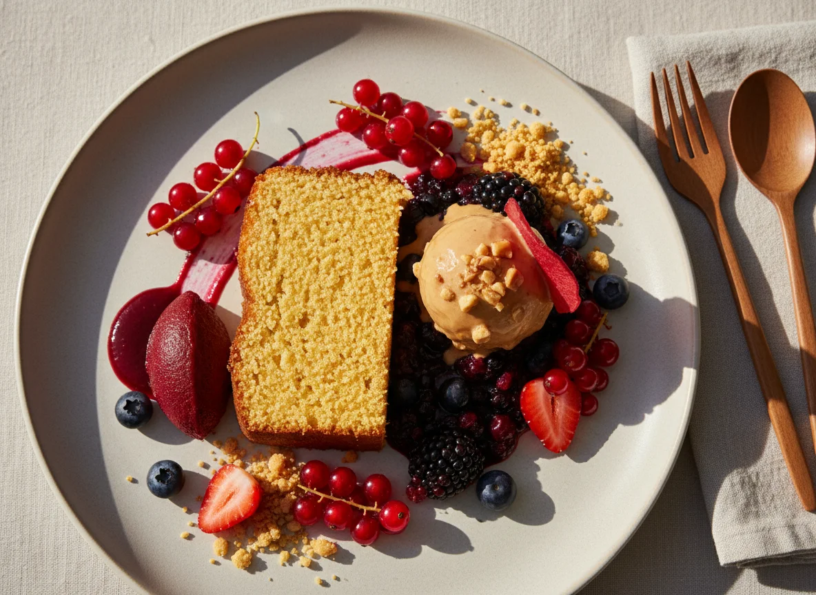 Dessertvariation mit Eis, Kuchen und Beeren photo