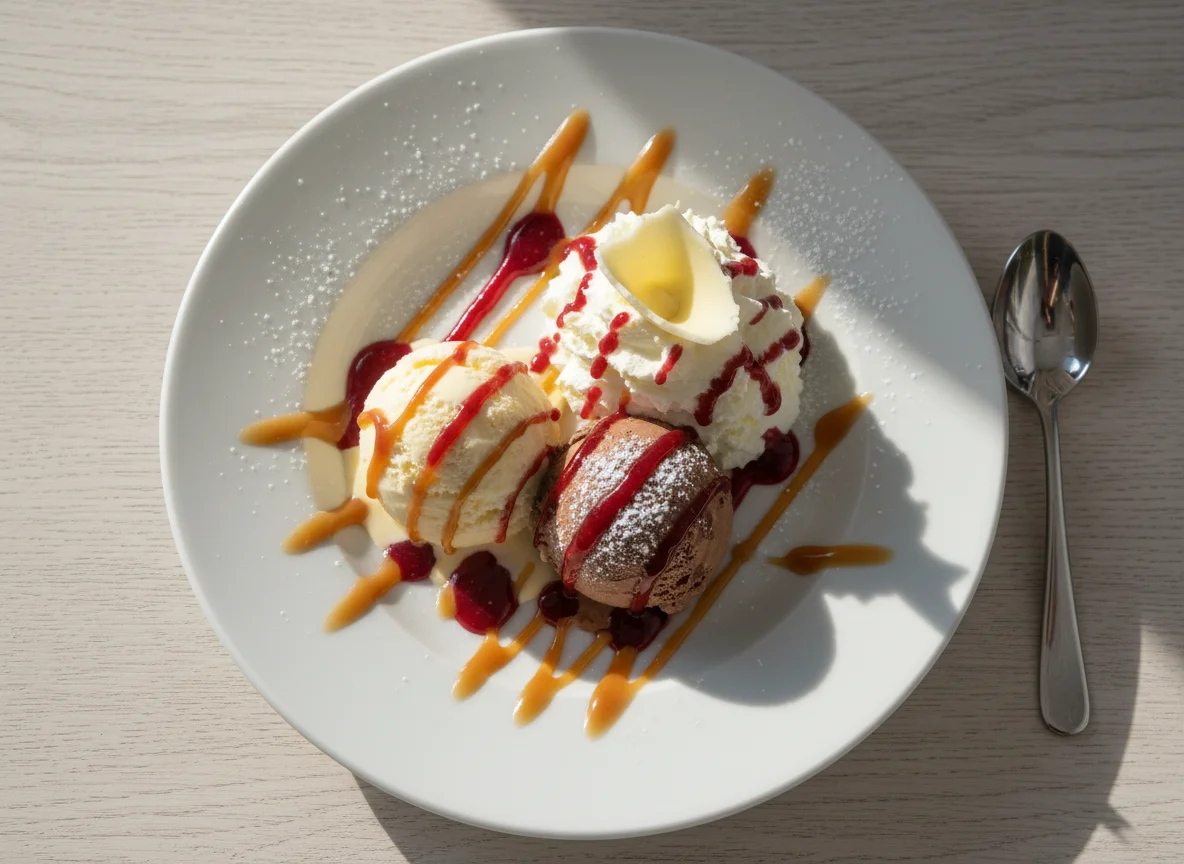 Dessertvariation mit Eis und Sahne photo